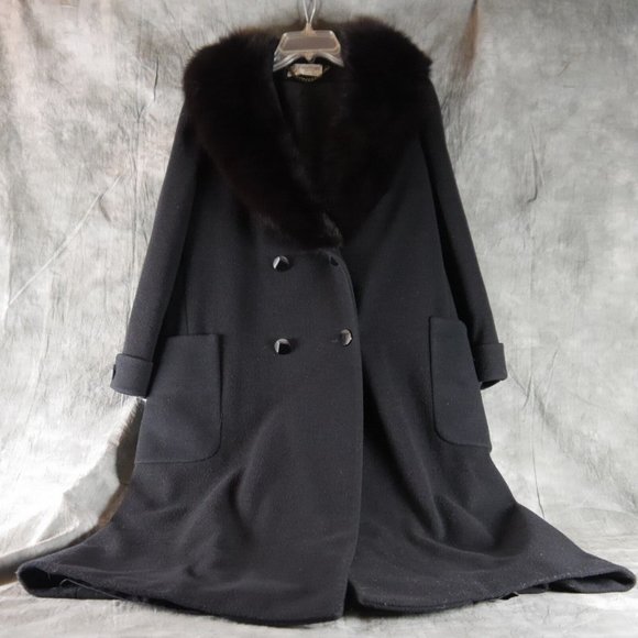 VTG PAVILION 50s-60s Full Length Black Wool Coat Black Fur* Collar MED* EUC ANB - Picture 8 of 12